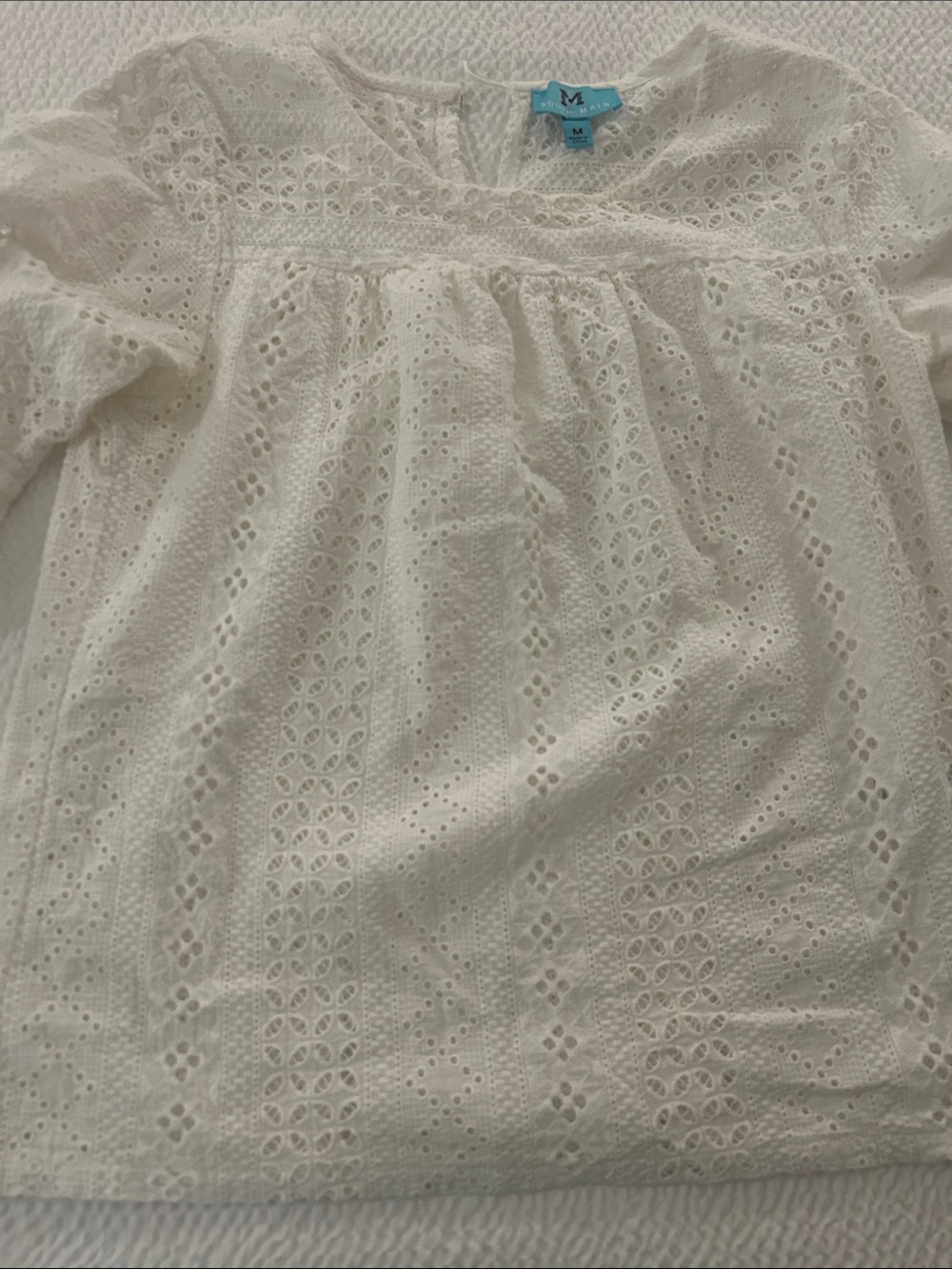 Embroidered Eyelet Blouse with Gathered Yoke - White